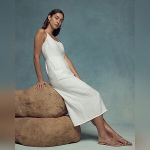 Quince 100% European Linen Scoop Neck Midi Dress White S Pockets